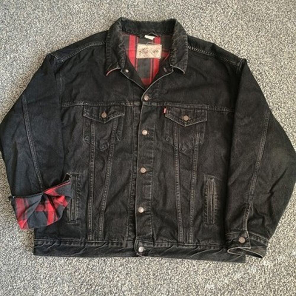 Levi's Type 3 Black Flannel Lined Trucker Jacket USA XXL Buffalo Plaid Vintage
